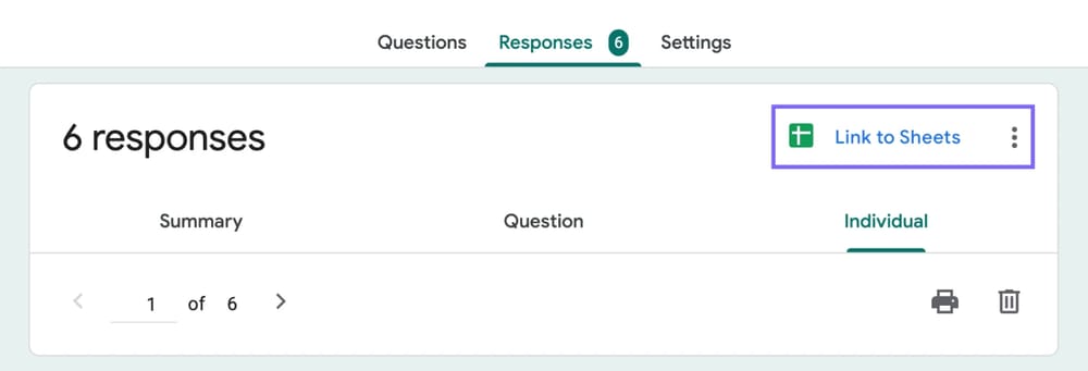 Opção “Vincular ao Google Sheets” na guia “Respostas”