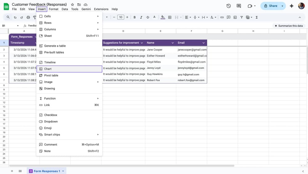 Inserindo um gráfico no Google Sheets
