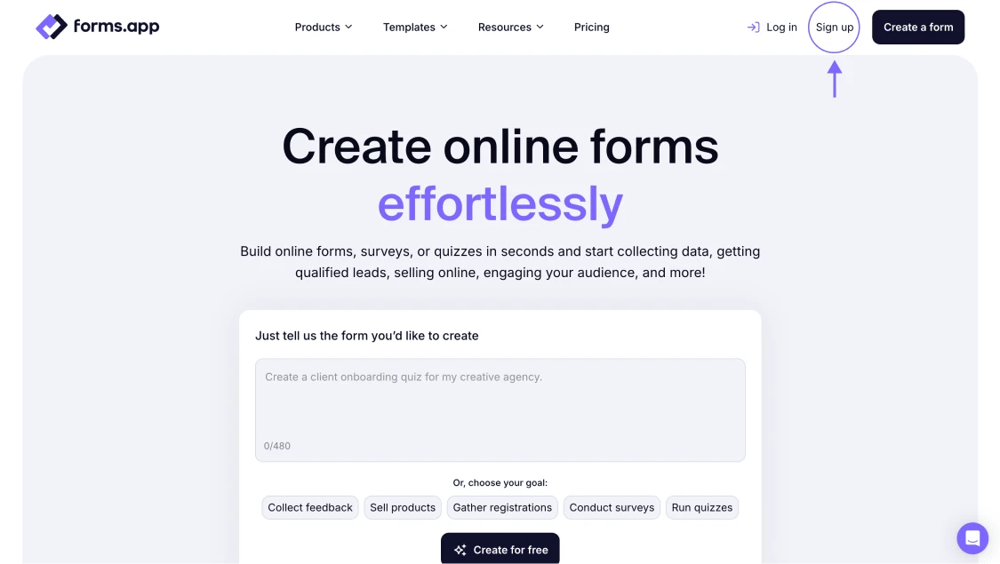 An image showing where you can find the “Sign Up” button on the main page to create a new account with forms.app