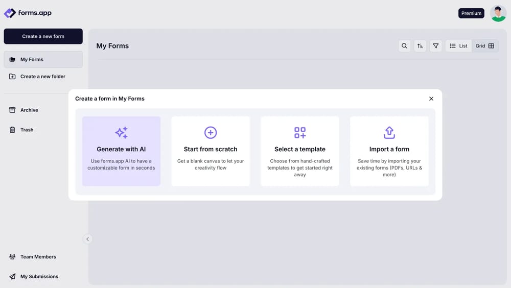 An image showing the creation options you can view once pressing the “Create a new form” button on your dashboard