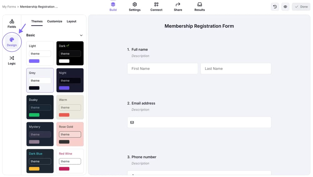 An image showing how you can access the “Design” tab and customize your form as needed