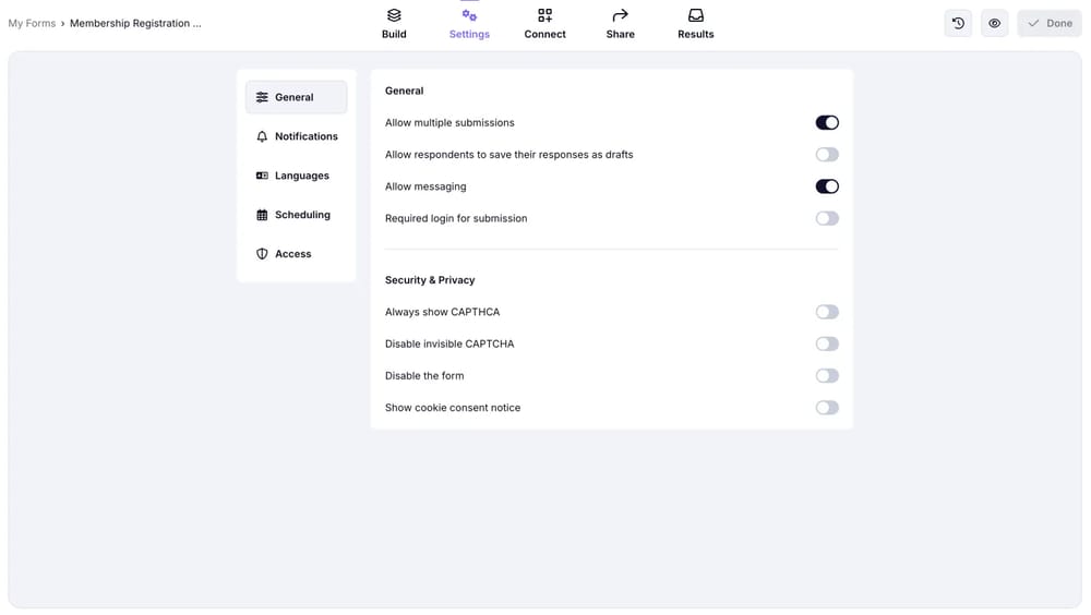 An image showing how you can access the “Settings” section to check all the settings of your form