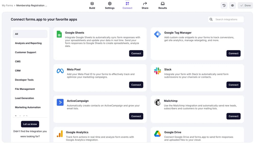An image showing how you can access the “Connect” section to integrate your form with third-party tools