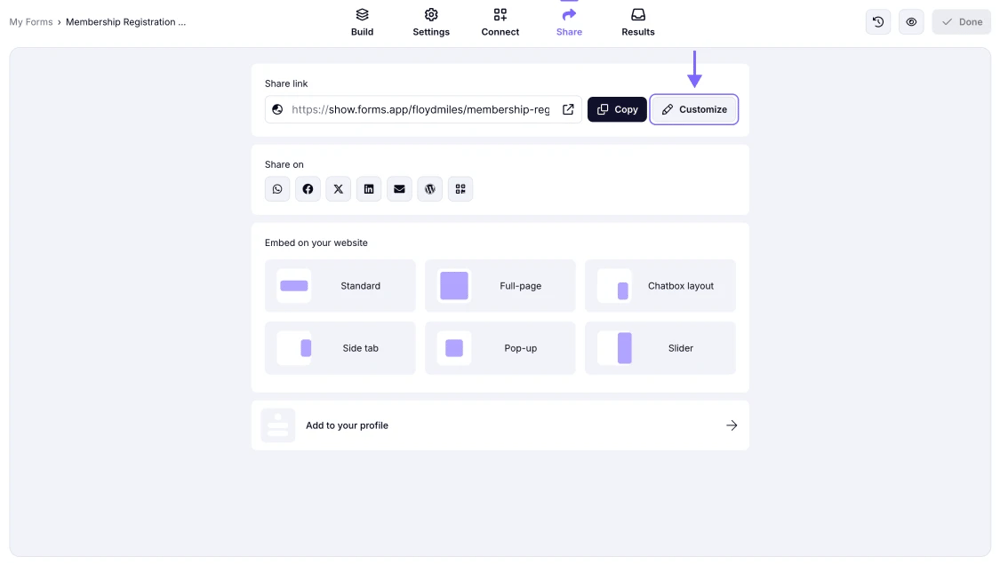 An image showing the “Customize” button in the “Share” section, you need to click to start preview editing