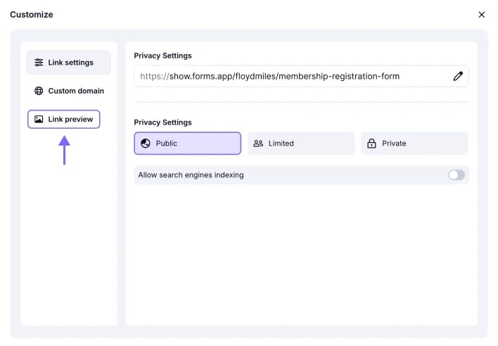 An image showing the “Link preview” section you need access to in the Customize tab