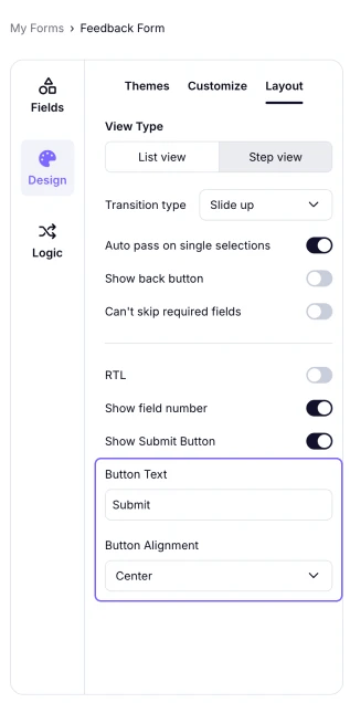 An image showing the “Button Text” and “Button Alignment” options for your submit button