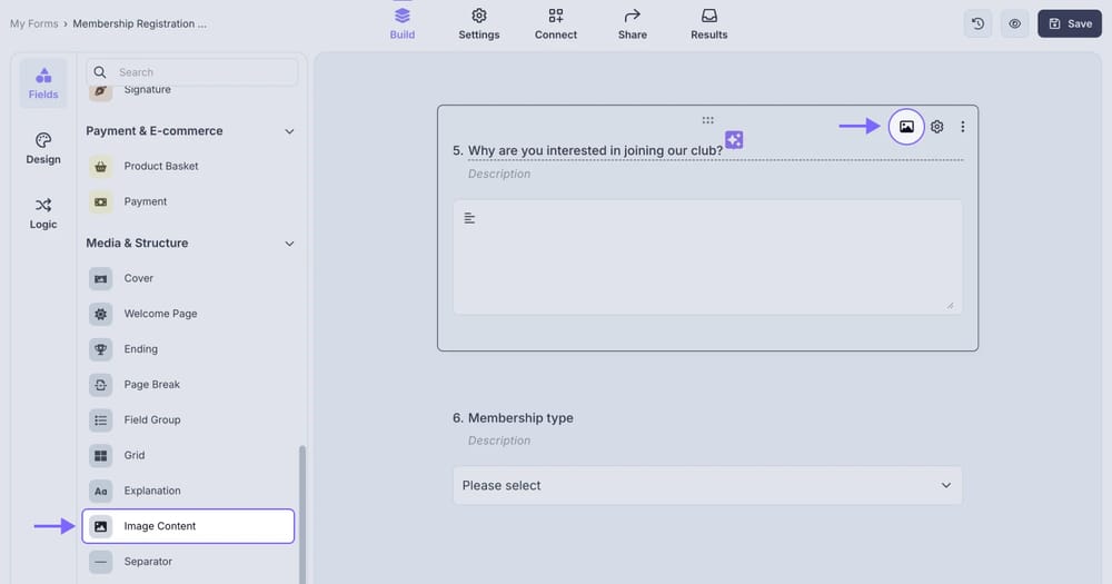 An image showing the “Image content” field, which you can easily add from the field menu on the left