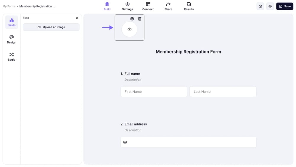 An image showing the “Logo” field, which you can easily add from the field menu on the left