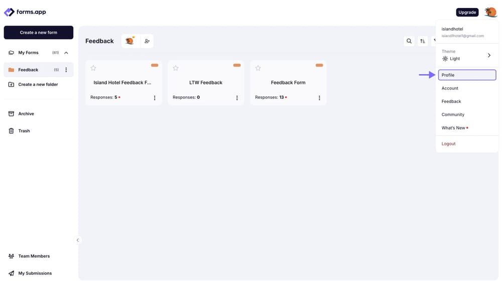 An image showing how you can access your forms.app profile editing page by clicking the profile picture on the upper right corner and selecting the “Profile” option