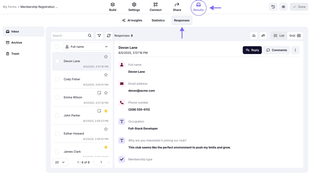 An image showing how to access the Responses section through the Results tab