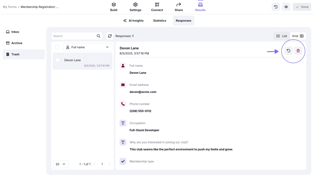 An image showing the options for restoring or permanently deleting your responses by accessing the Response Trash folder