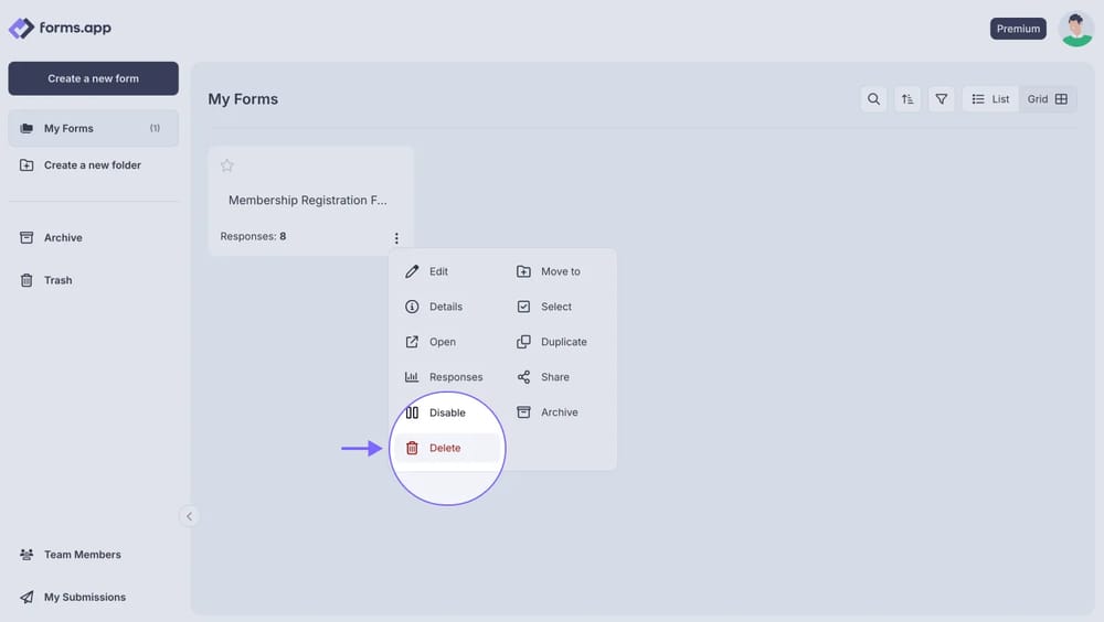 An image showing how you can find the Delete option by clicking the form on your Dashboard