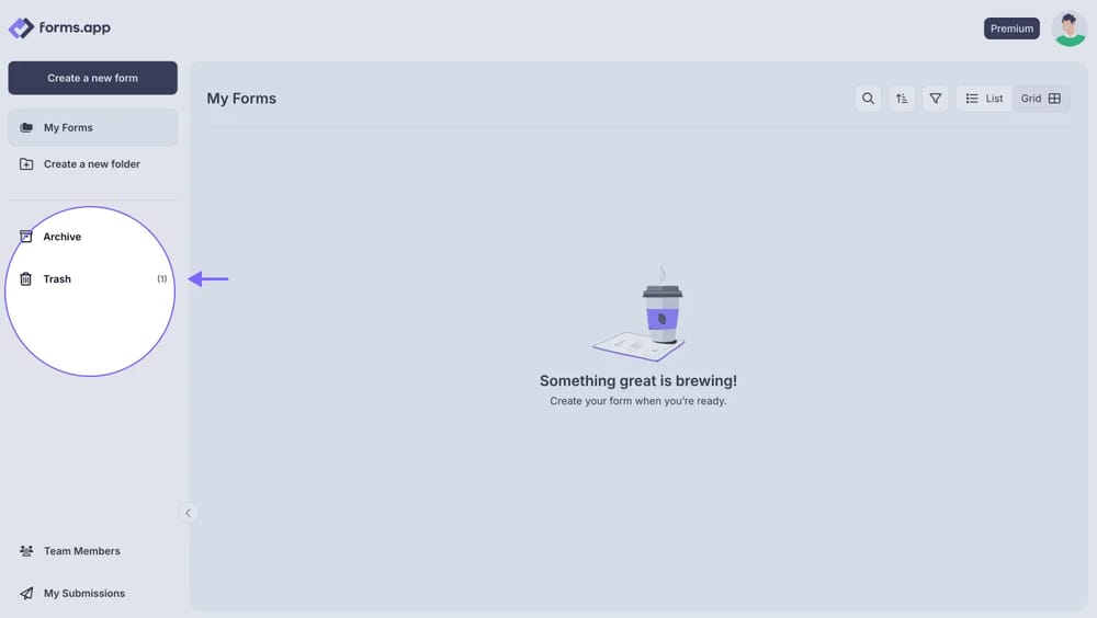 An image highlighting the Trash folder from the left sidebar on your Dashboard