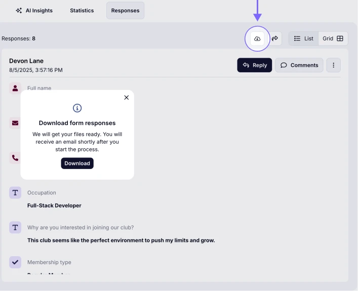 An image showing the Download icon you need to press to start the downloading of your responses