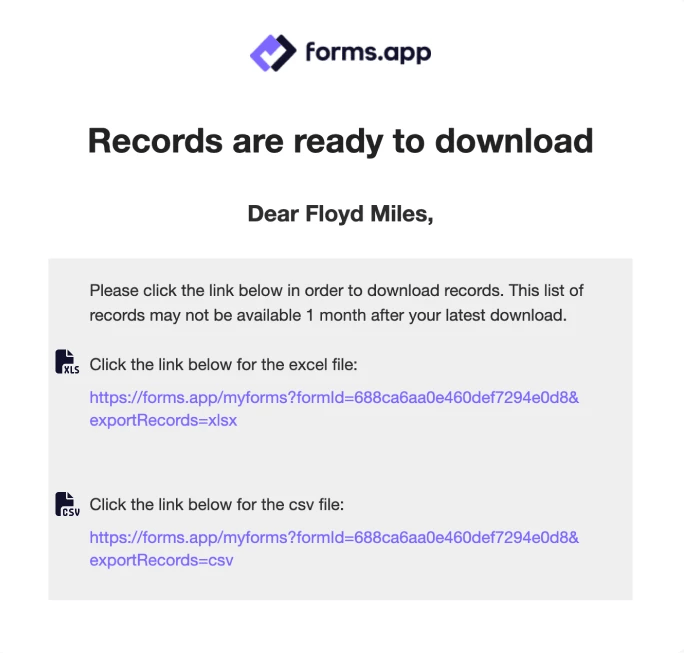 An image showing two separate links in the .xlsx or .csv formats in your email message
