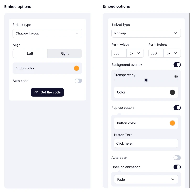 An image showing the settings you are free to adjust on the example options, like Checkbox layout and Pop-up