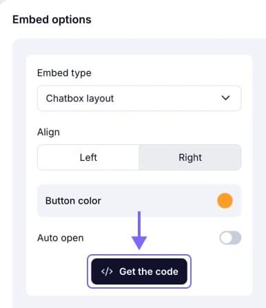 An image showing the “Get the code button” you need to click once you are done adjusting settings, so that you can copy the embed code