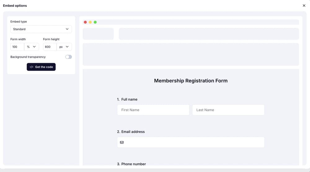 An image showing the screen where you can get the embed code once you select the “Standard” embed option