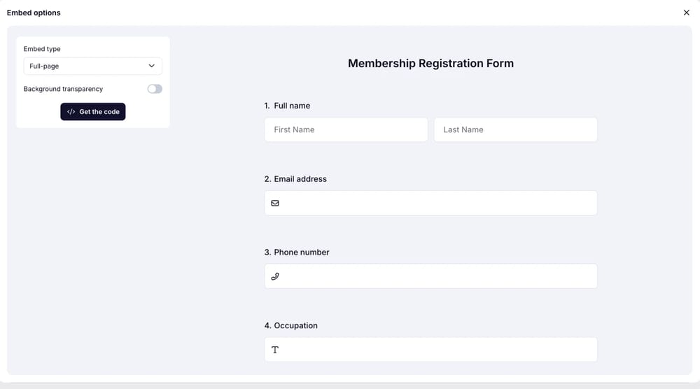 An image showing the screen where you can get the embed code once you select the “Full-page” embed option