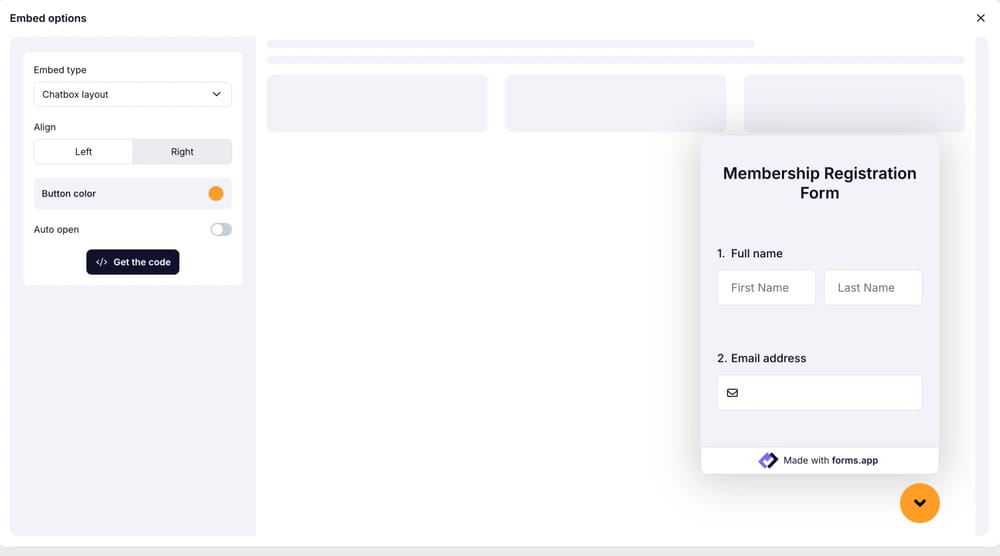 An image showing the screen where you can get the embed code once you select the “Chatbox layout” embed option