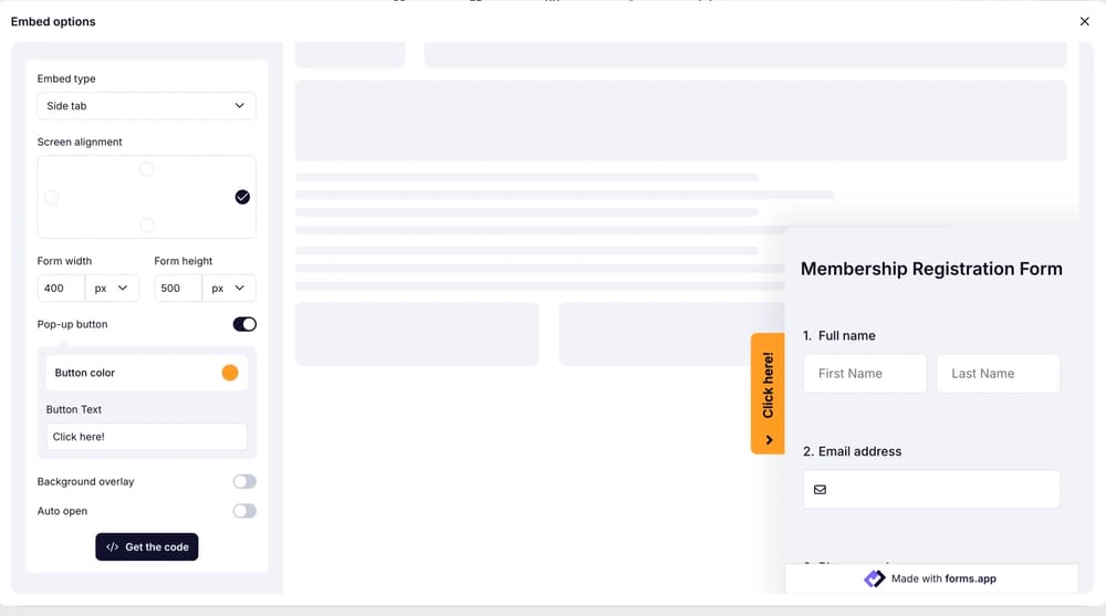 An image showing the screen where you can get the embed code once you select the “Side tab” embed option