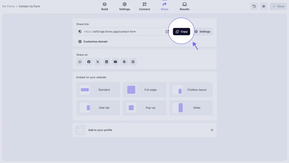An image showing the “Copy” button you need to click to copy the URL of your completed form