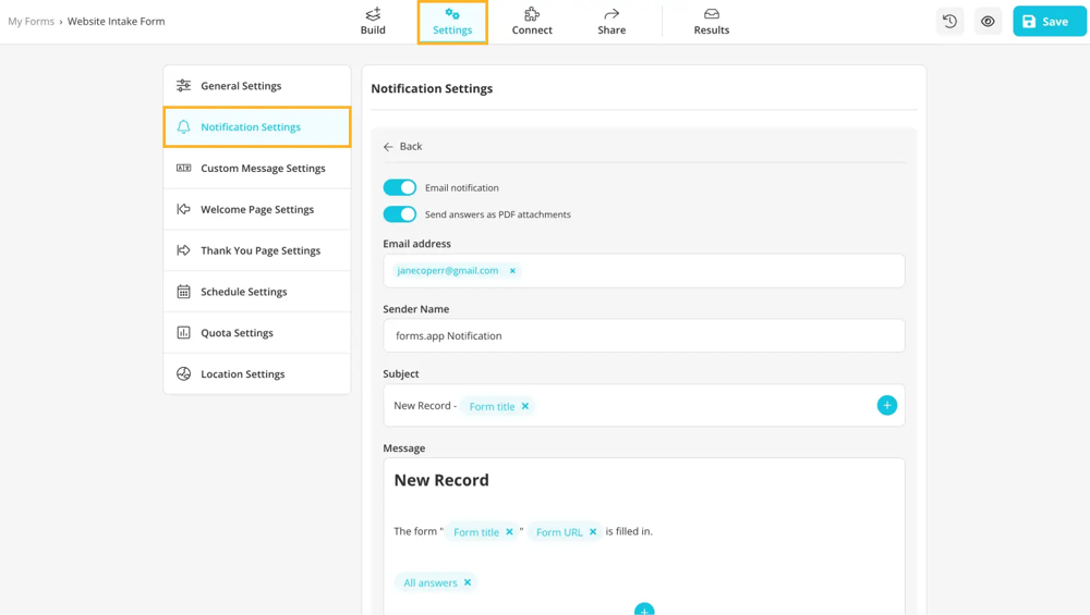 Customize notification settings to send emails