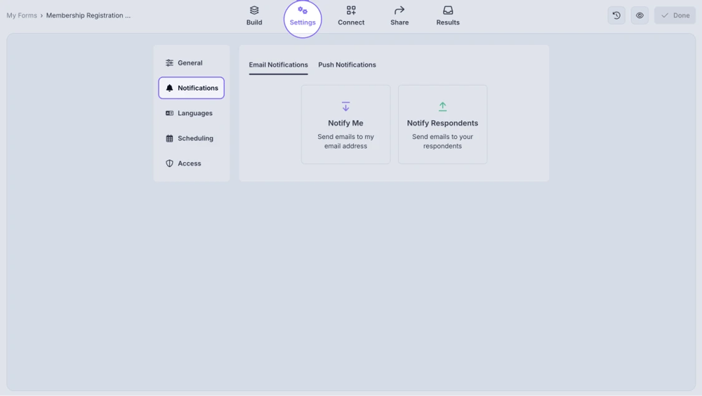 An image showing how to access the Notifications tab by first opening the Settings section
