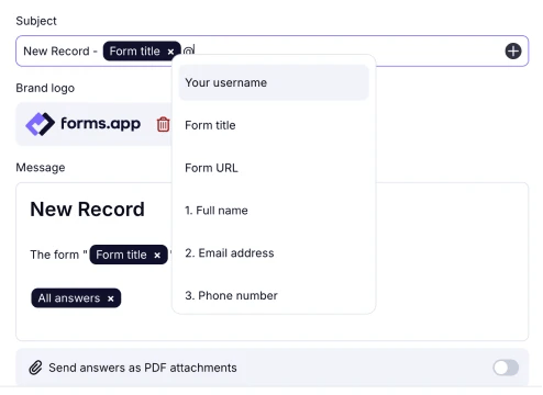 An image showing the addition of variables of form fields, which you need to add to the submitter notification message