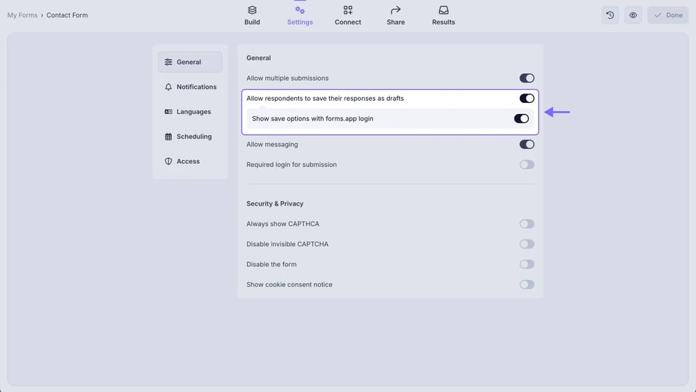 An image showing how you can enable the “Allow respondents to save their responses as drafts” option from the “General” tab of your form settings
