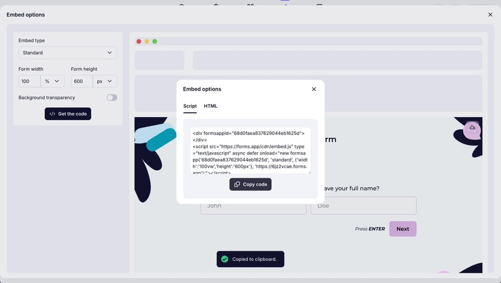 An image showing the “Share” section of your form, where you can copy the embed code from the options below