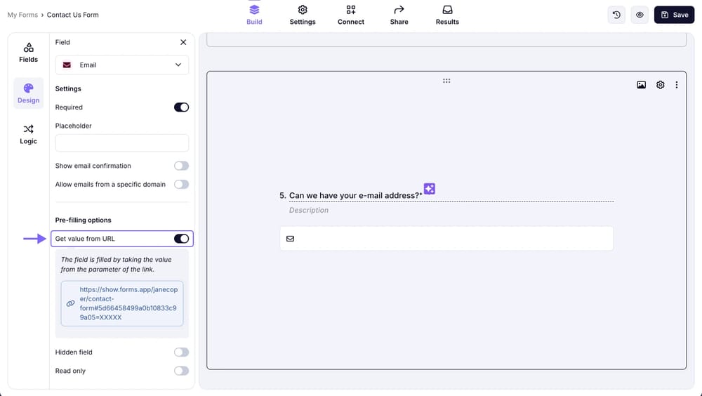 An image showing the “Build” section of your form, where you need to activate the “Get value from URL” option for the required field