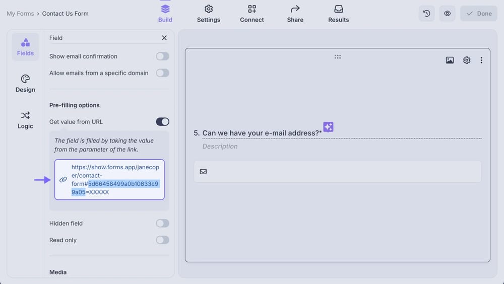 An image showing the “Build” section of your form, where you need to activate the “Get value from URL” option for the required field