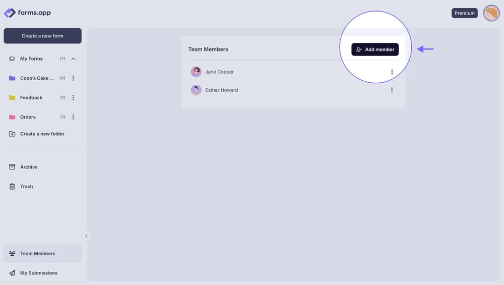 An image showing the “Add member” button, which you need to click to add new users when you are in the “Team Members” tab