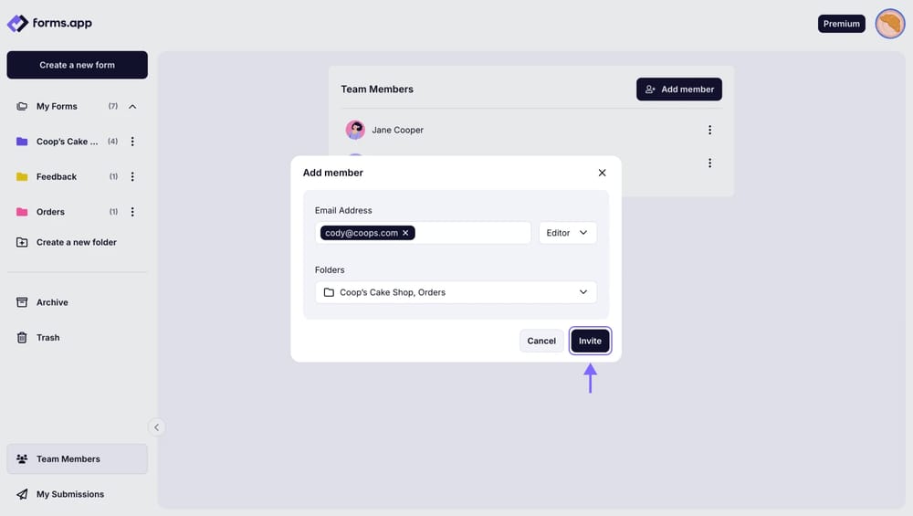 An image showing the “Invite” button, which you need to click to add the user once you have entered their email address and selected role and folder