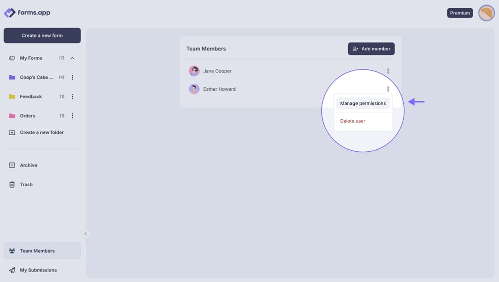 An image showing how you can change your team members’ roles by pressing the “Manage permissions” button