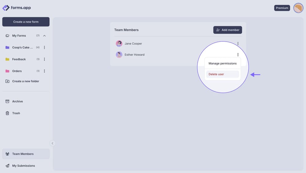 An image showing how you can delete users completely by pressing the “Delete user” button