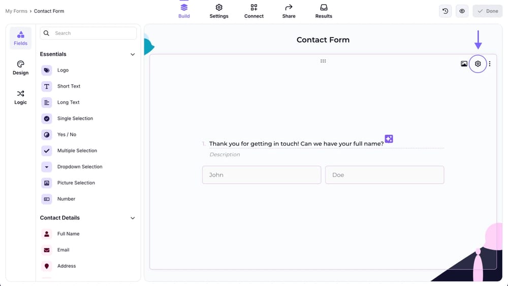 An image showing how you can access the field settings of the needed field by clicking the “Gear” icon on it