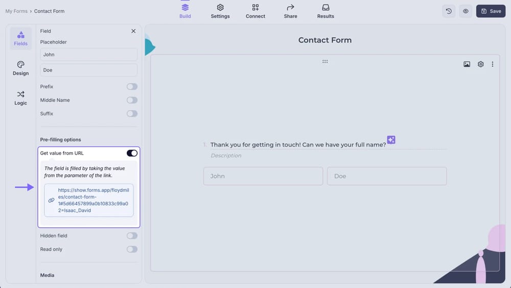 An image showing the “Get value from URL” toggle, which you need to enable to pre-fill your field and copy the URL