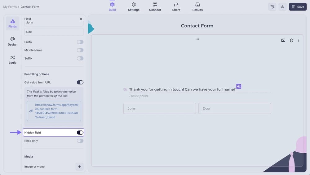 An image showing&nbsp; the “Hidden field” setting, which you need to enable if you want to keep the field hidden from the respondents