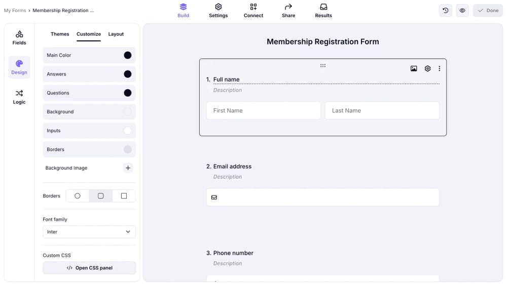 An image showing how you can access the “Customize” section in the “Design” tab while you are in the “Build” area of your form