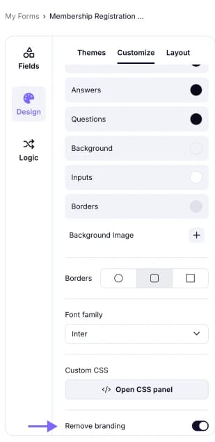 An image highlighting the “Remove branding” toggle in the “Customize” area, which you need to turn on