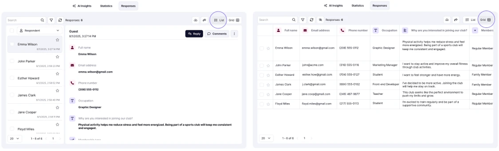 An image showing the two different view types (List view or Grid view) you can select to check your form responses