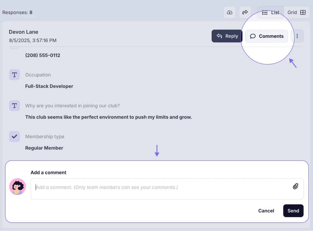 An image showing the option of leaving comments on your form response by pressing the Comments button