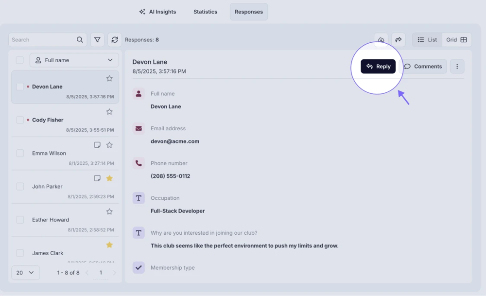 An image showing the option of replying to the respondents who filled out your form