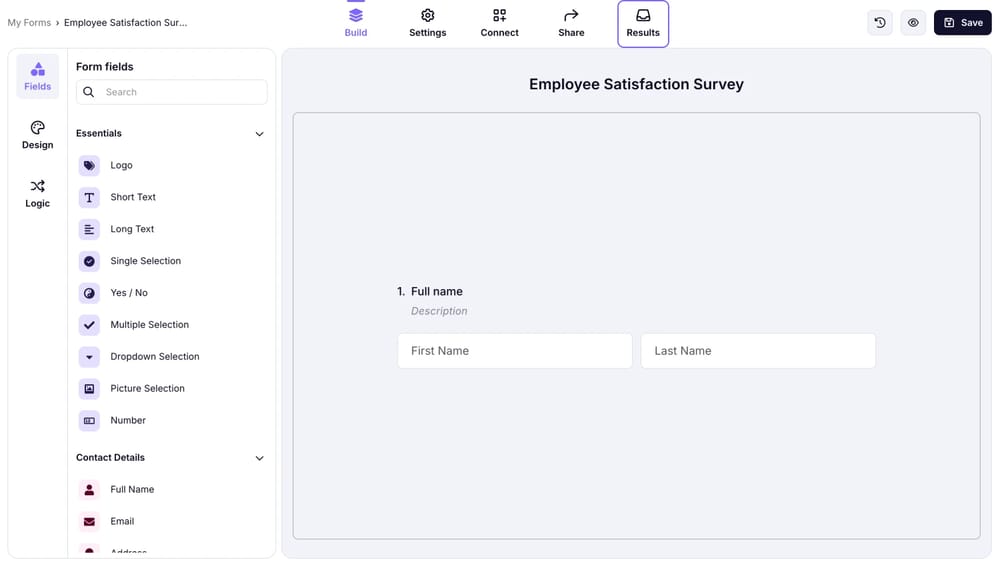 Opening the “Results” page on forms.app