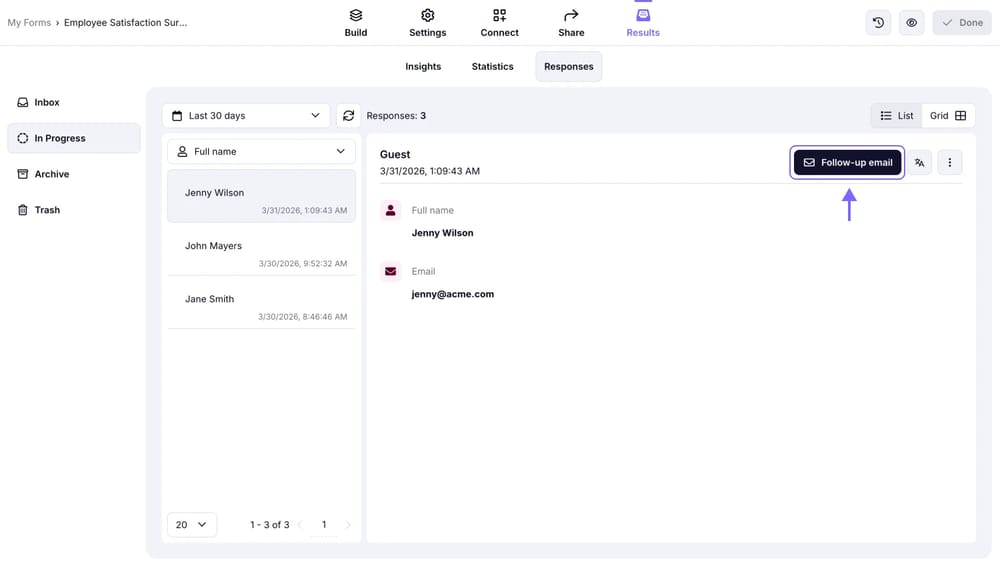 The “Follow-up email” button on the upper right corner of a partial response