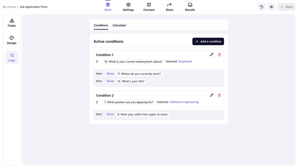 An image showing an example of the set-up conditional rule within the Job Application form