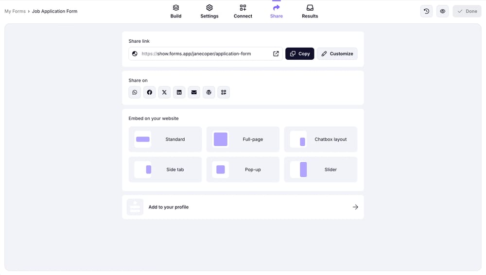 An image showing the “Share” section where you need to go after you have added and saved your conditions to share your form with your audience
