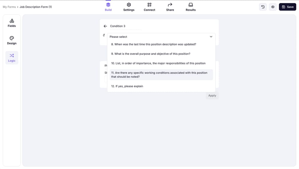 An image showing the ready-to-set conditional rule where you need to select the option from accessible form fields